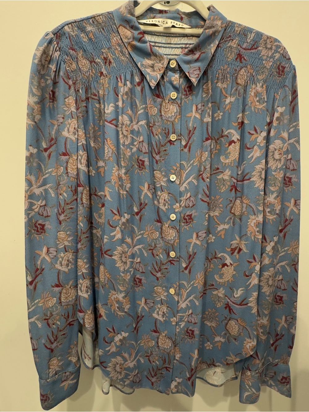 Veronica Beard Dazed Floral Blue Smocked Shirt Blouse Retail $395